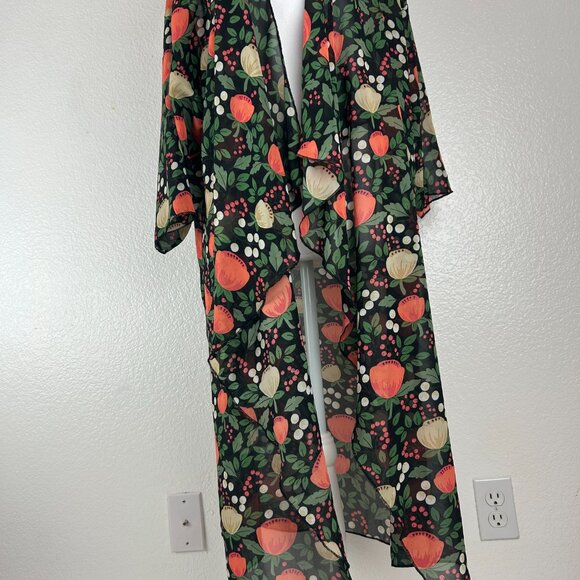 LuLaRoe Shirley Open Front Jacket Kimono Size M Sheer Black Poppy Floral - Picture 8 of 8